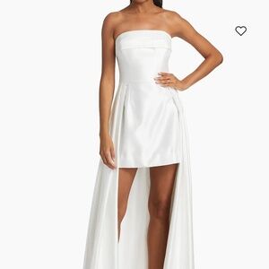 Strapless high low gown with pearl tulle fingerless gloves